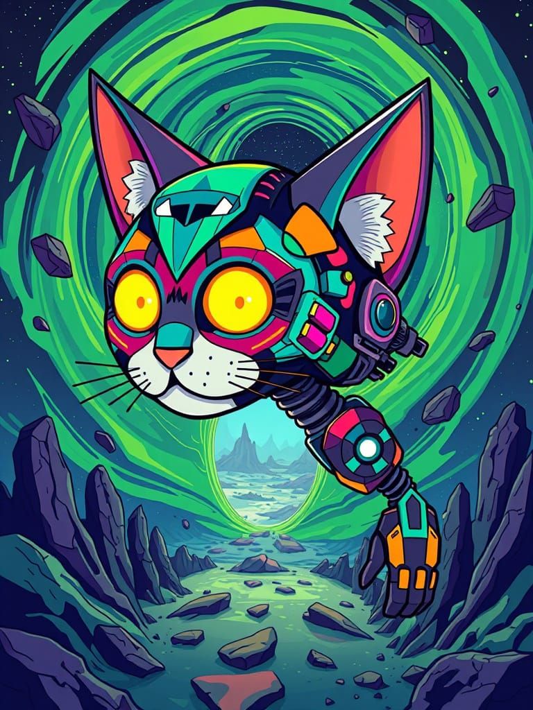 Cyberpunk Feline Avatar in a Wormhole
