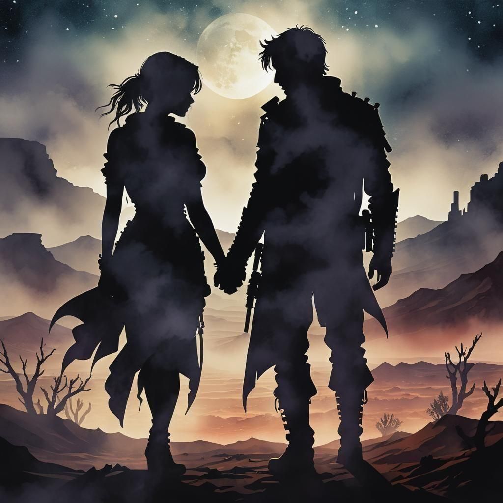 Post-Apocalyptic Couple in Scarlet Desert Night