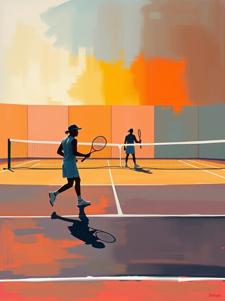 Tennis Players on Clay: Abstract Expressionist Oil Painting