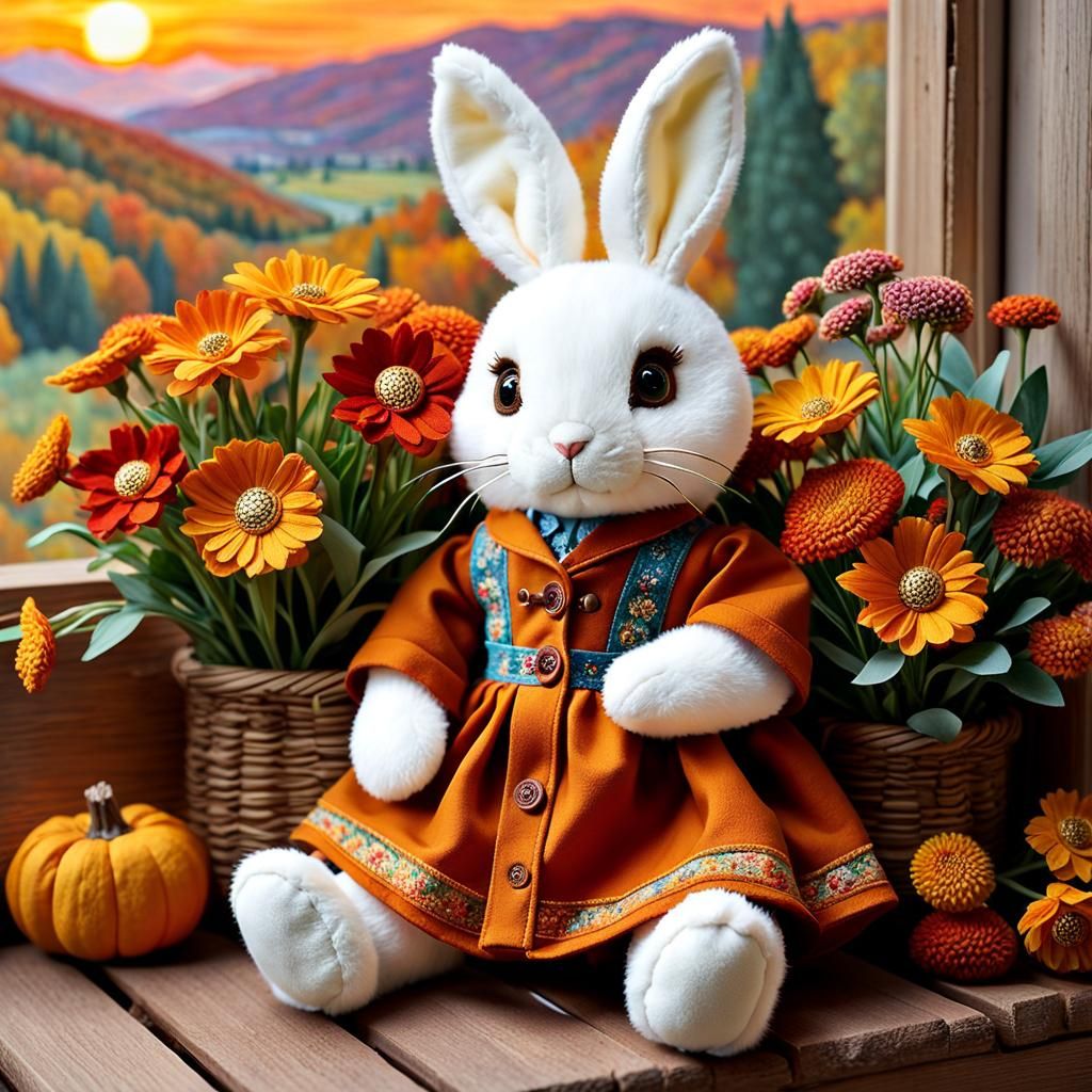 Autumnal Rabbit Plushie in Impasto Style