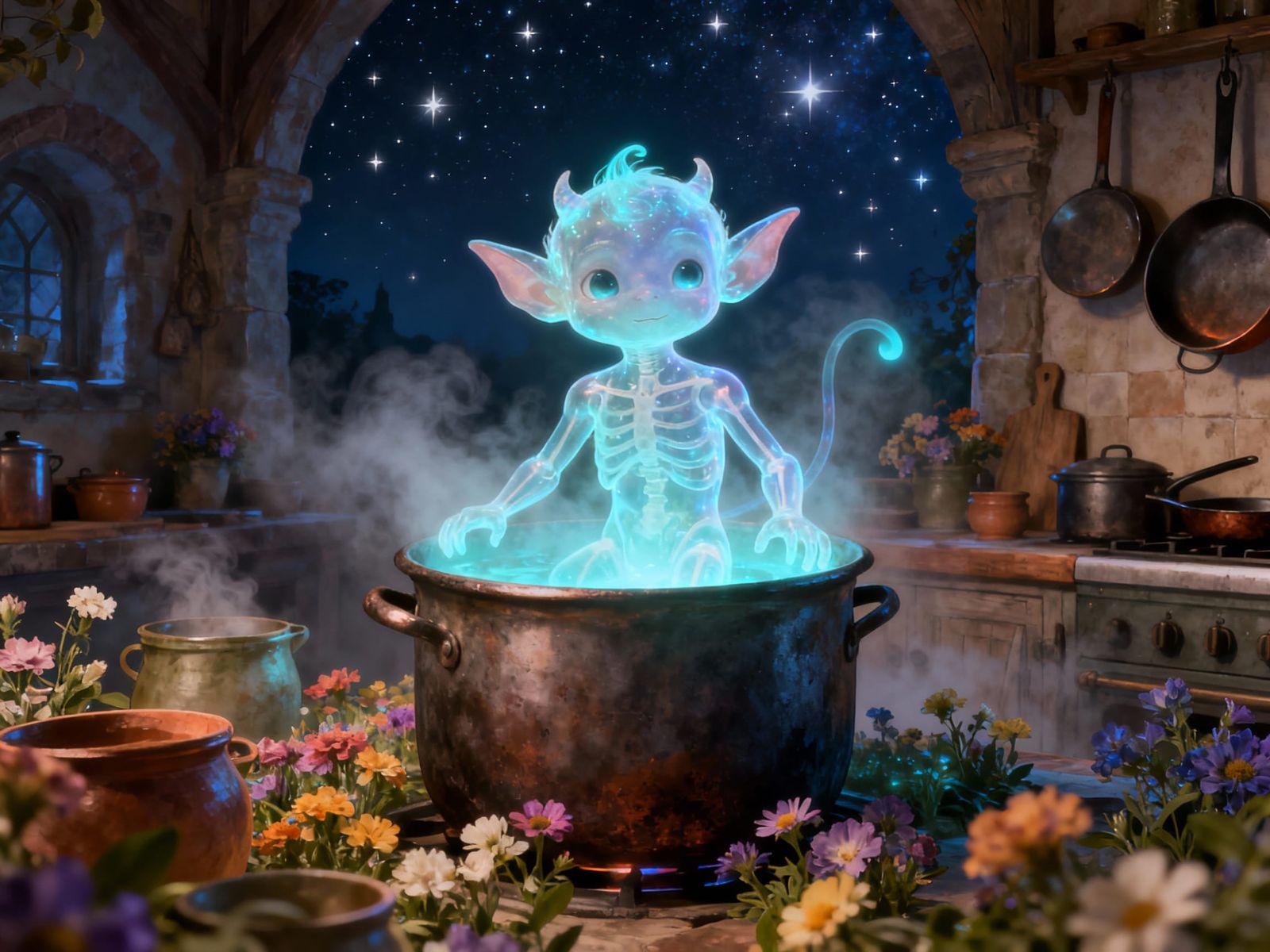 Glowing Imp in Medieval Kitchen Under Stars
