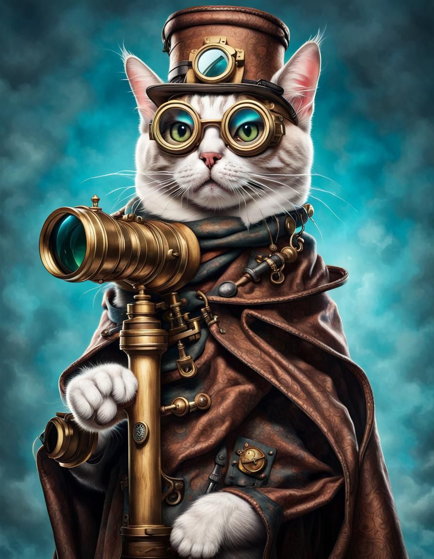 Steampunk Cat Detective Observes with Telescope