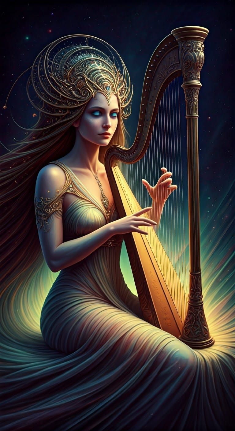 Celestial Harpist Unfolds Cosmic Harmony
