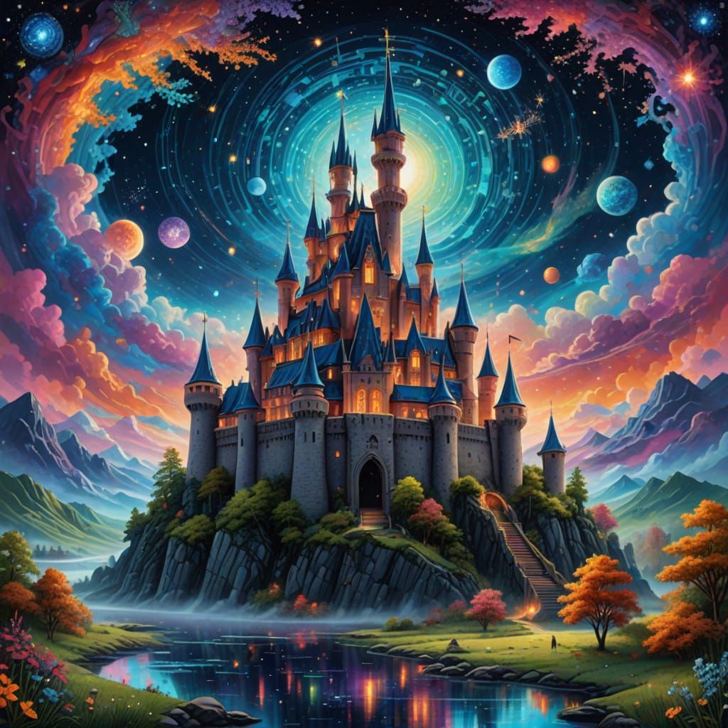 Majestic Castle in Vibrant, Cosmic Art Style
