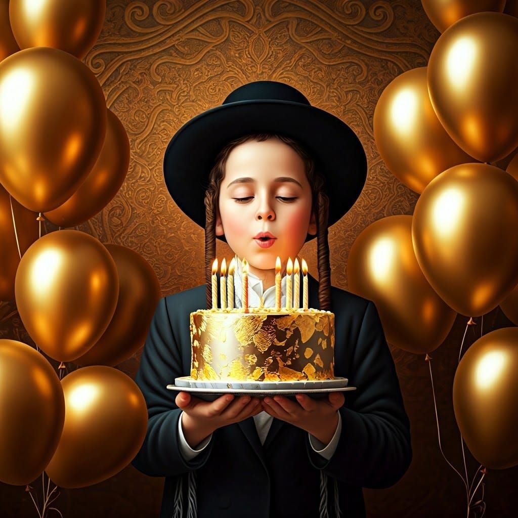 Joyful Hasidic Boy Blows Out Candles on Golden Birthday Cake