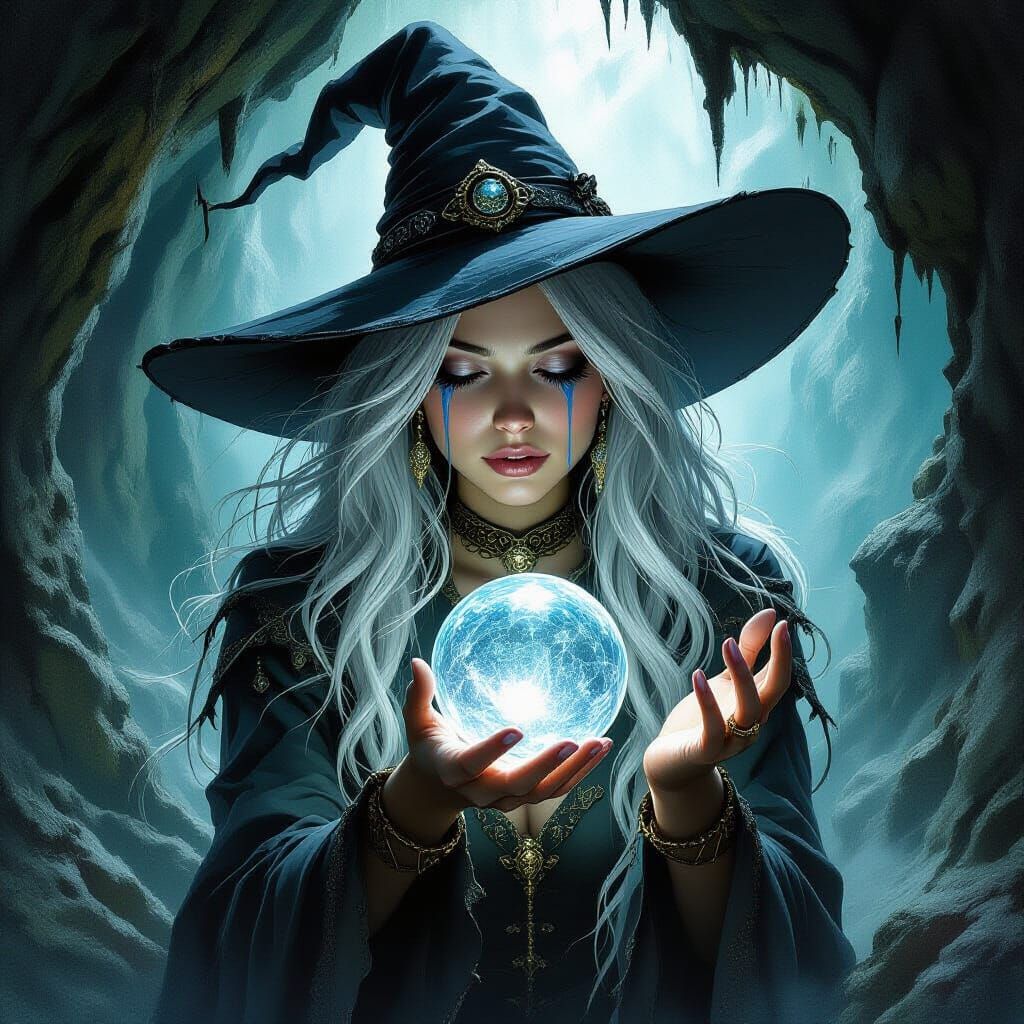 Crying Witch with Crystal Sphere in Misty Cave