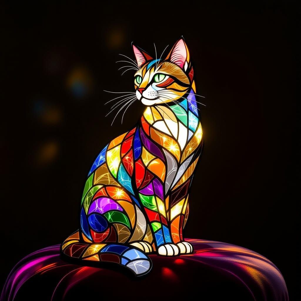 Regal Stained Glass Cat on Velvet Cushion