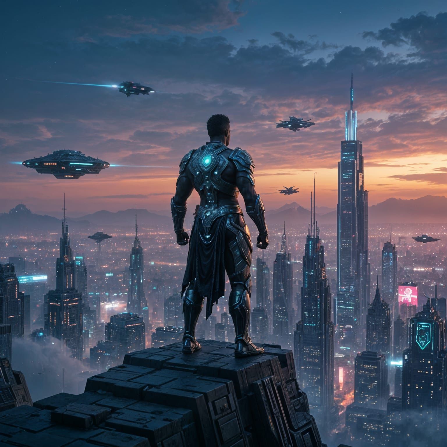 African Warrior God in Neon Metropolis Hyperrealism