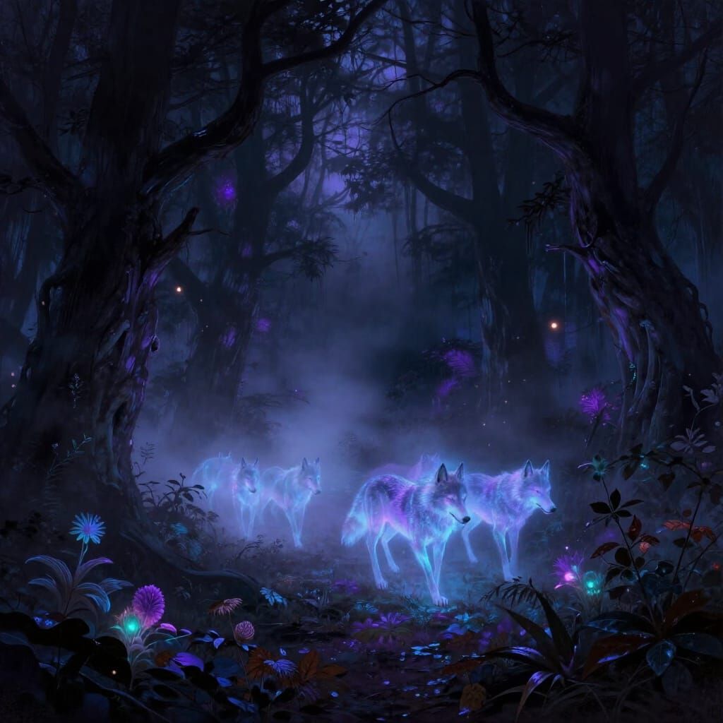 Spirit Wolves in Misty Forest with Neon Glow