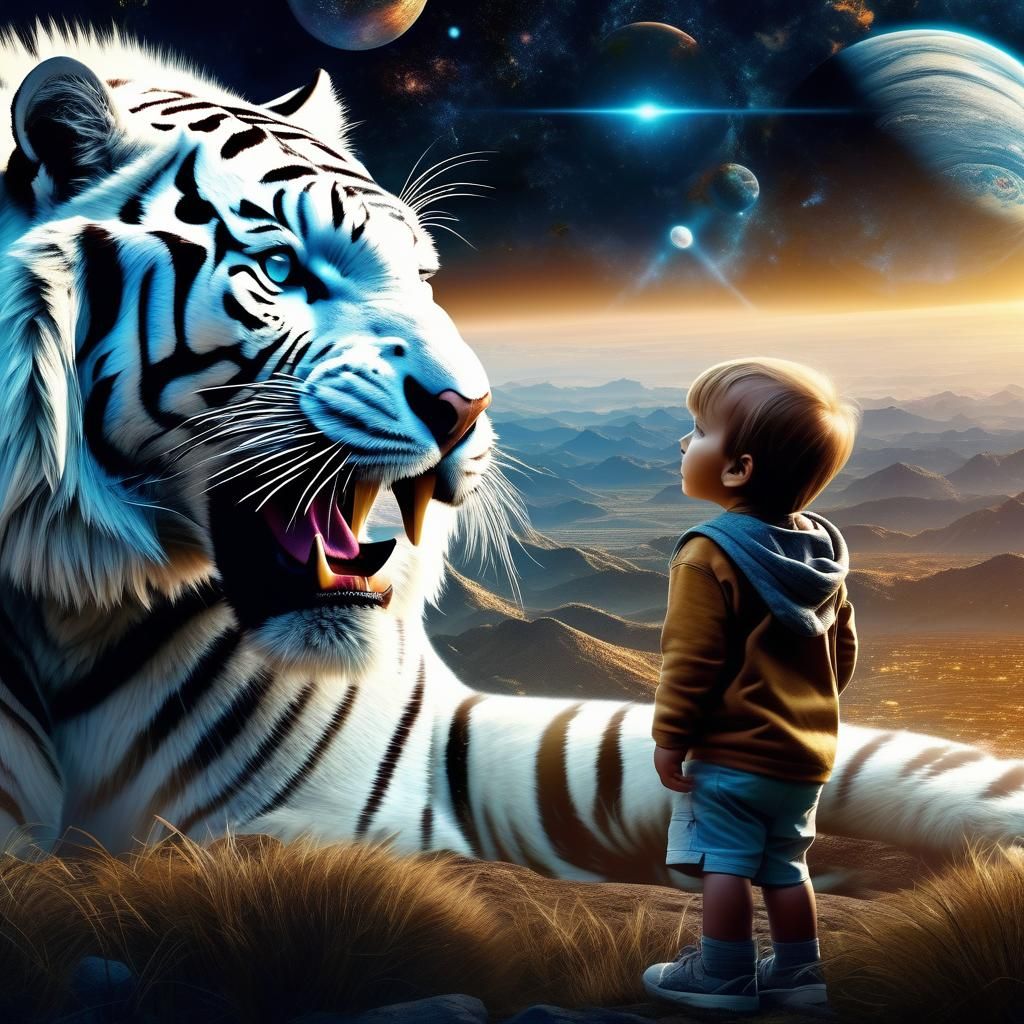 White Tiger and Child in Universe: Epic Digital Art