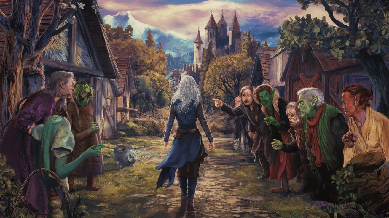 Fantasy Village Scene with Silver-Haired Lyra