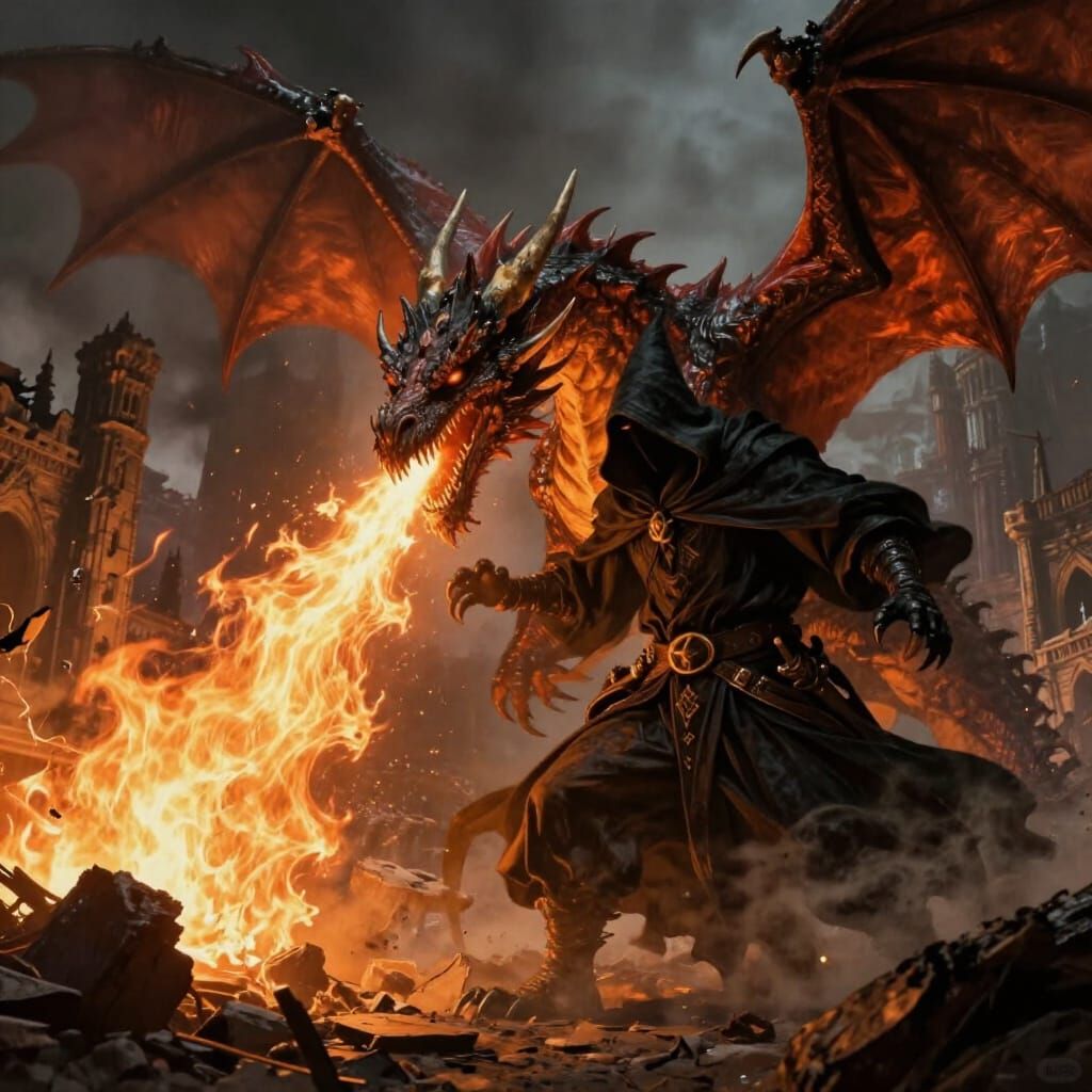 Wizard Rides Dragon, Burning Ancient City in Dark Fantasy St...