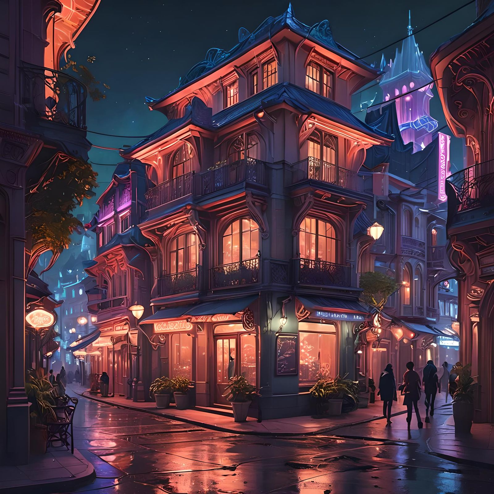 Neon Arcane City in Art Nouveau Style