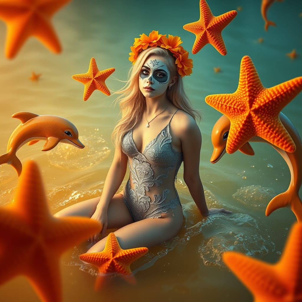 Woman with Golden Hair in Surreal Setting