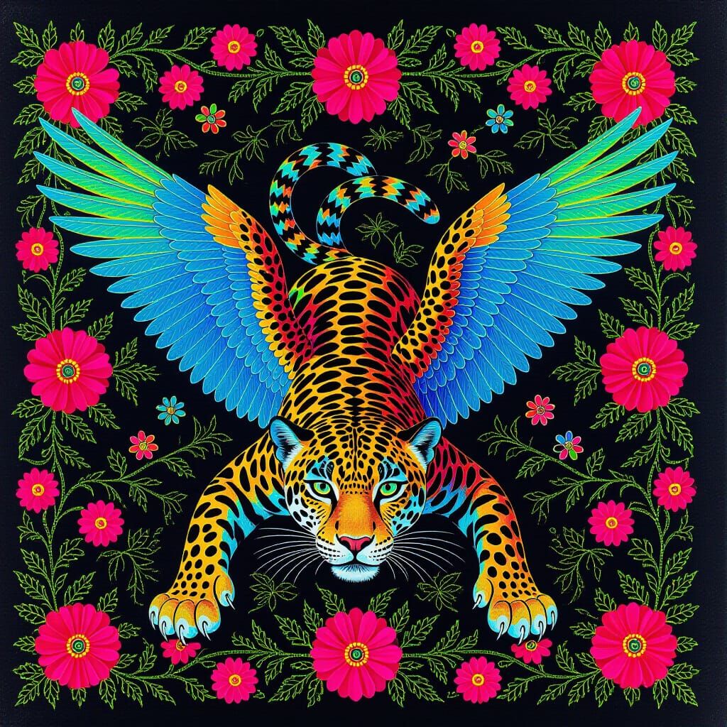 Winged Eight-Eyed Jaguar on Jungle Carpet as Dayglo Hologram