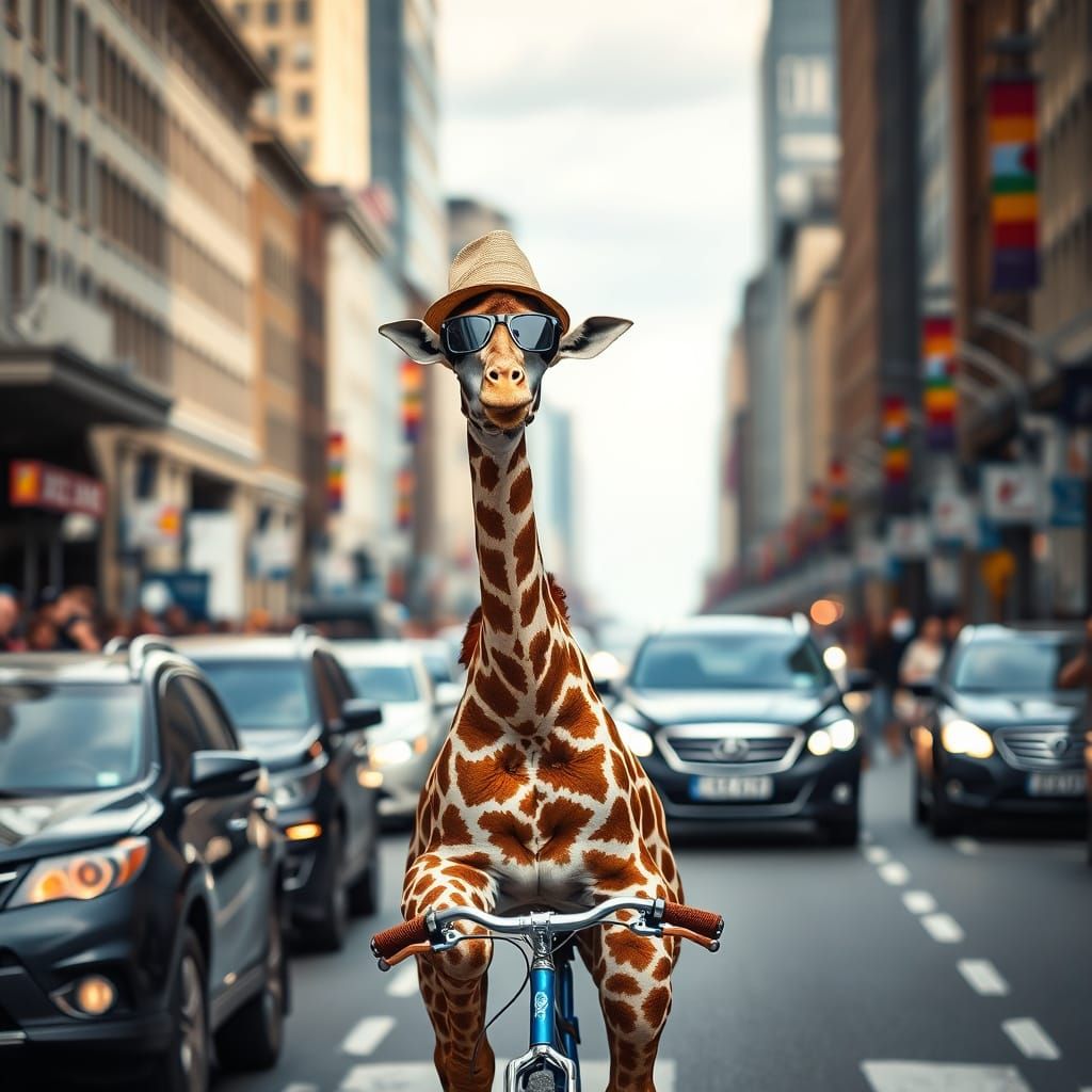 Giraffe on Bicycle in City Street Scene
