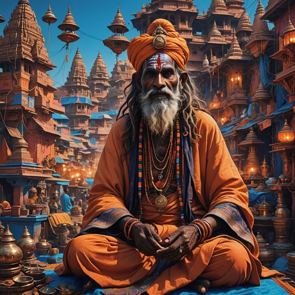 Futuristic Sadhu on Varanasi Ghats in Neon Sci-Fi
