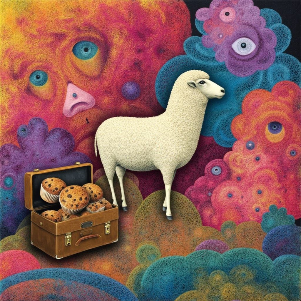 Sheep in Surreal Mixed Media Landscape with Cotton Candy Bea...