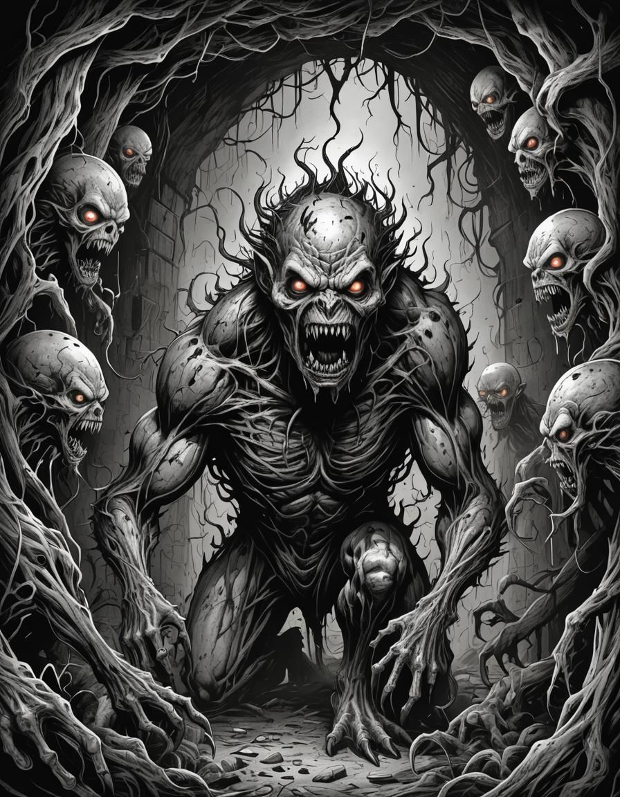 Monochrome Crawling Nightmare in Horror Comic Style