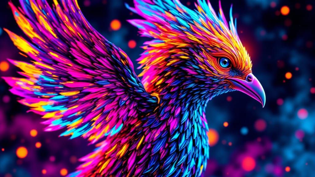 Neon Art Deco Bird in Kaleidoscope of Colors