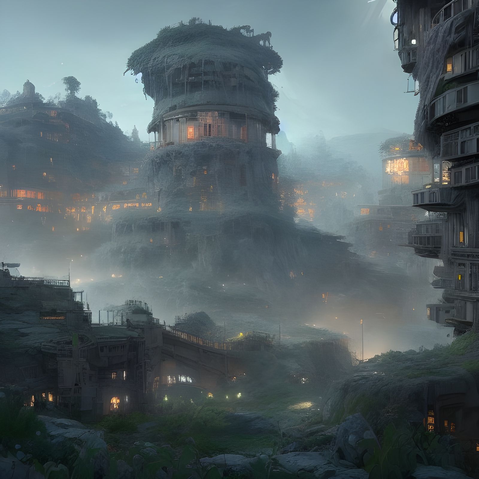 Futuristic Castle Garden: Detailed Matte Painting