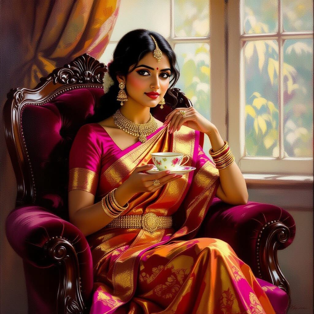 Elegant Indian Woman in Silk Sari, Oil Painting Style
