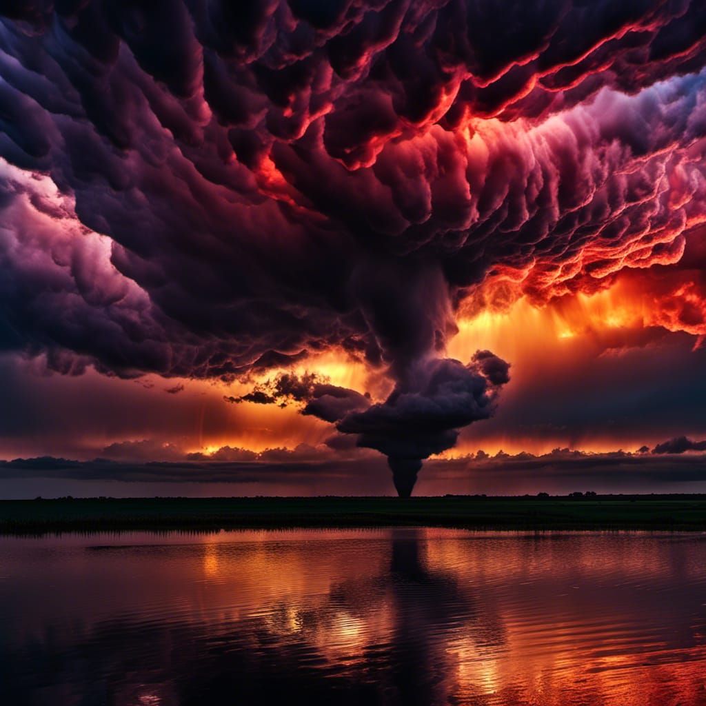 Hyperrealistic Tornado Silhouette Sunset with Galaxy Colors