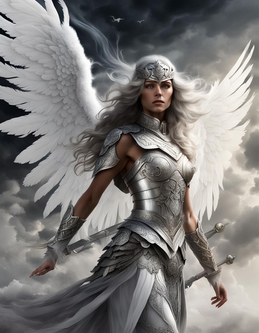 Winged Angel Warrior with Distant Castle