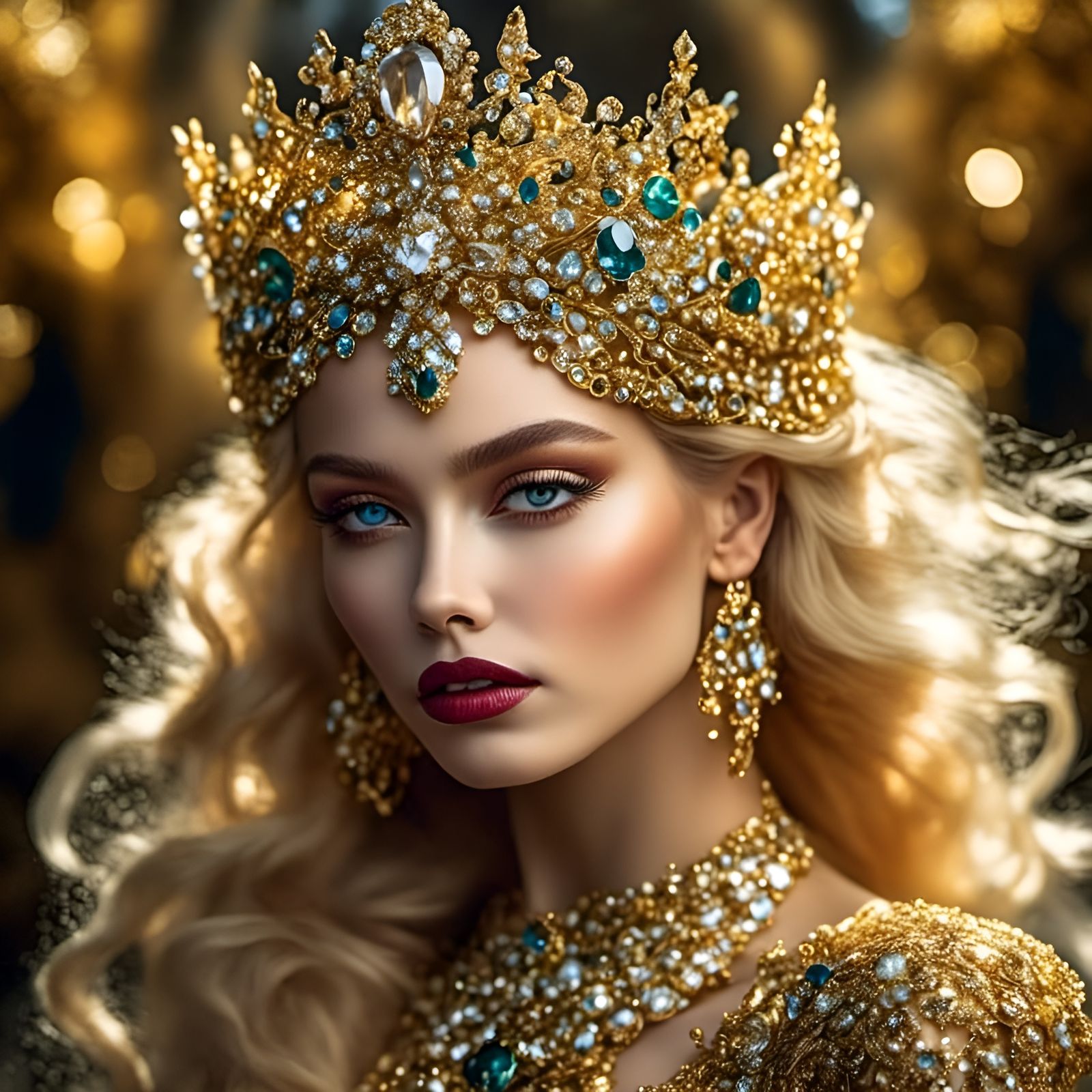 Fantasy Queen in Gold Tiara with Sparkling Gems