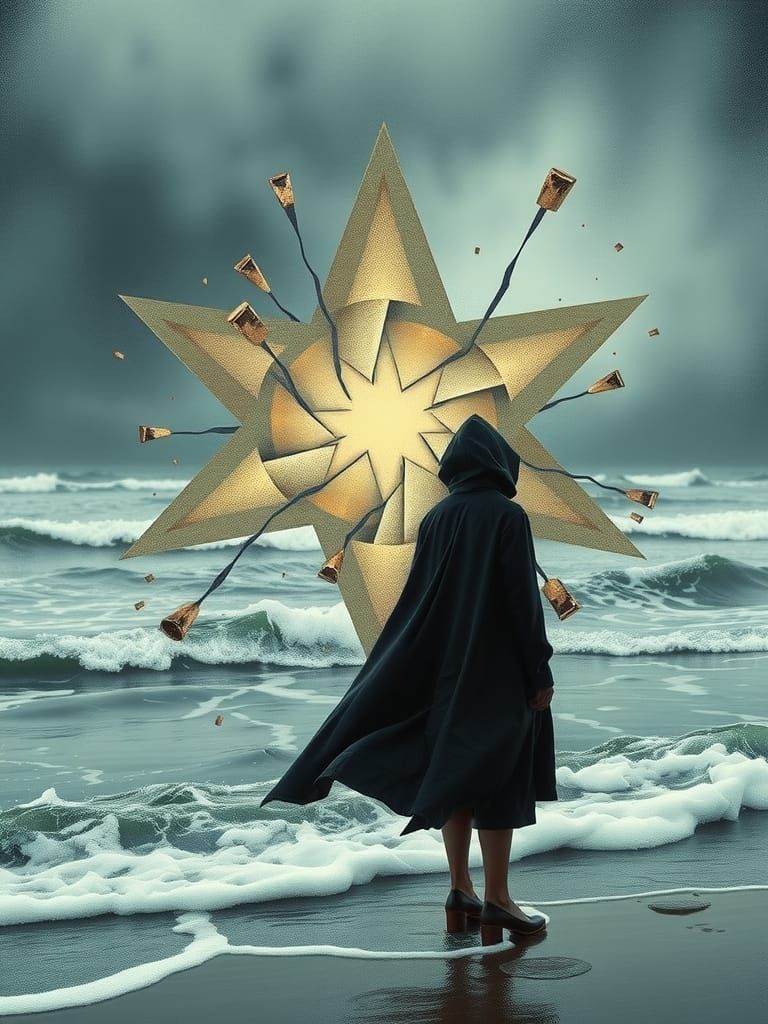 Shattered Star: Abstract Cubist Figure at Ocean's Edge