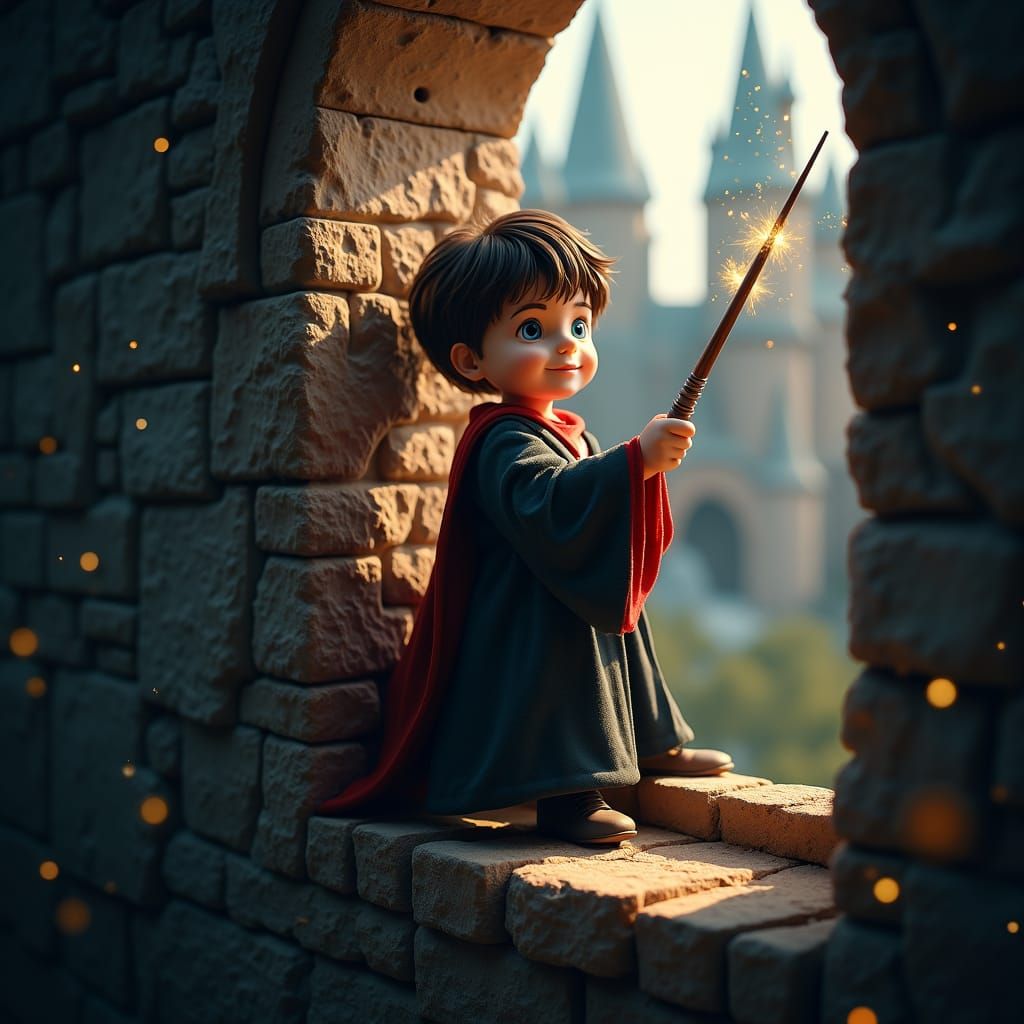 Harry Potter with Oversized Wand in Whimsical Scene