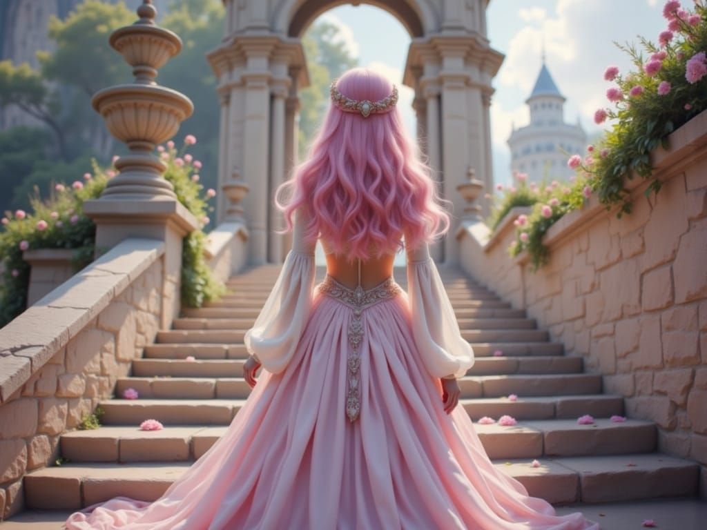 A Medieval Princess Descends Castle Stairs in Soft Pastel Hu...