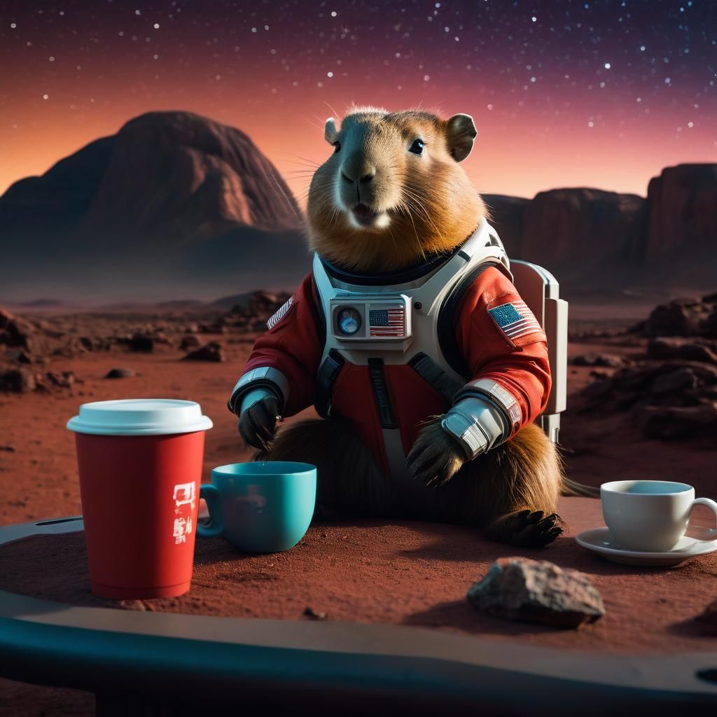 Capybara Astronaut Enjoying Coffee on Mars