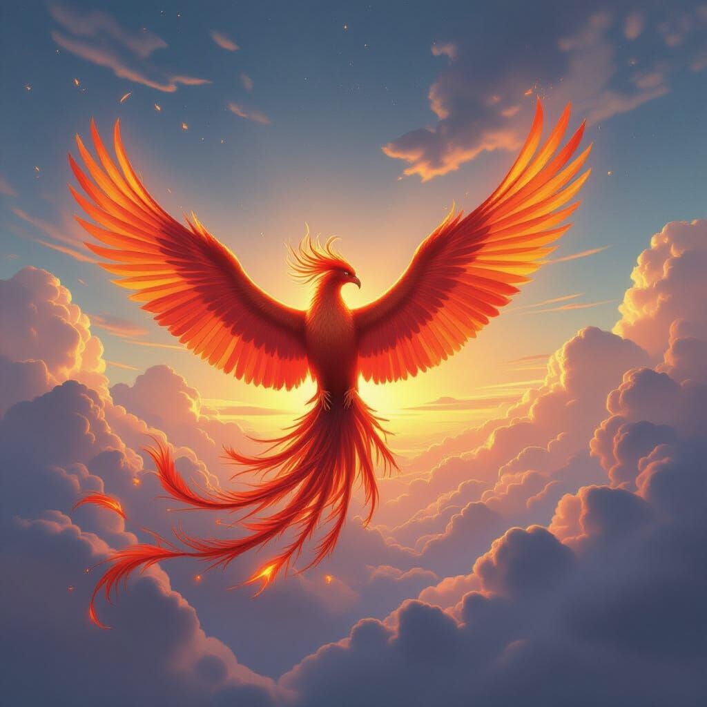 Majestic Phoenix Soaring Through Celestial Sky