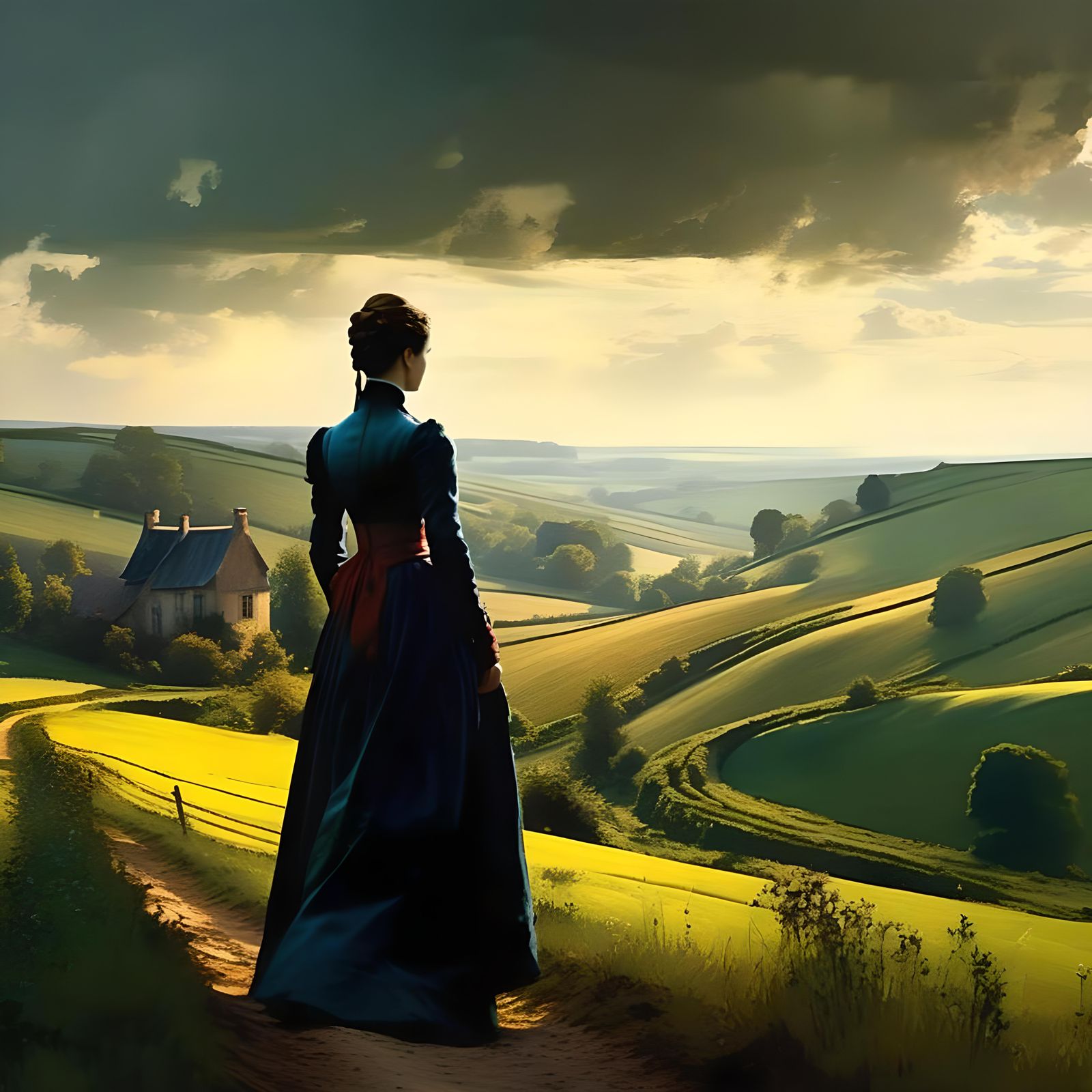 Emma Bovary in Rural Normandy Landscape