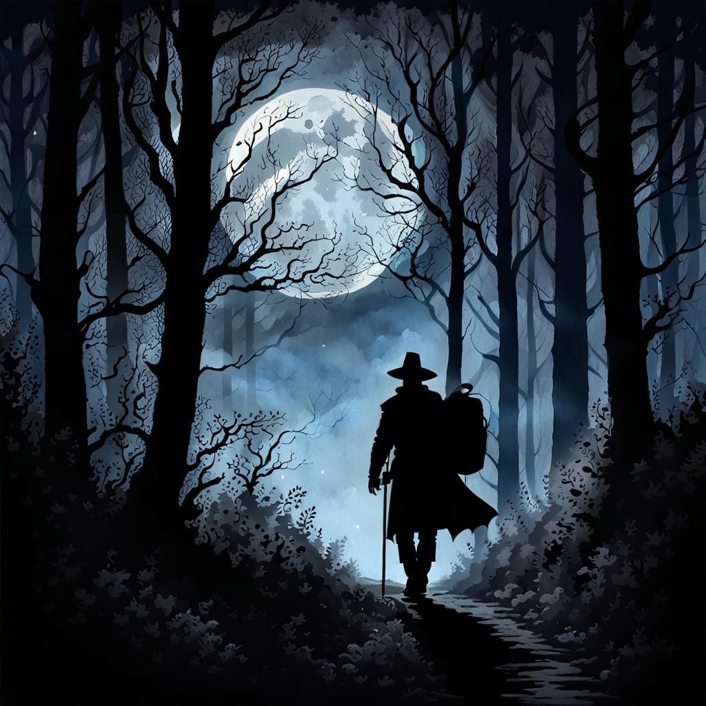 Lone Traveler in Dark Forest: Watercolor and Ink