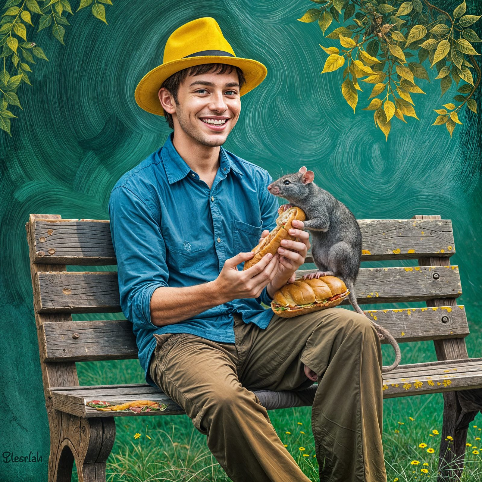 Man and Rat Sharing Sandwich, Van Gogh Style