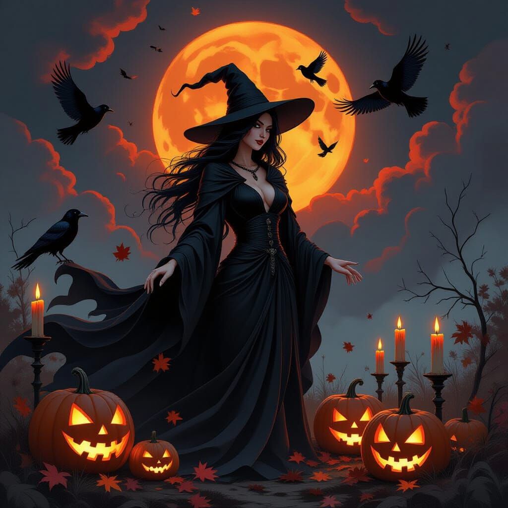 Mystical Witch Under a Dark Sky in Fantasy Art Style