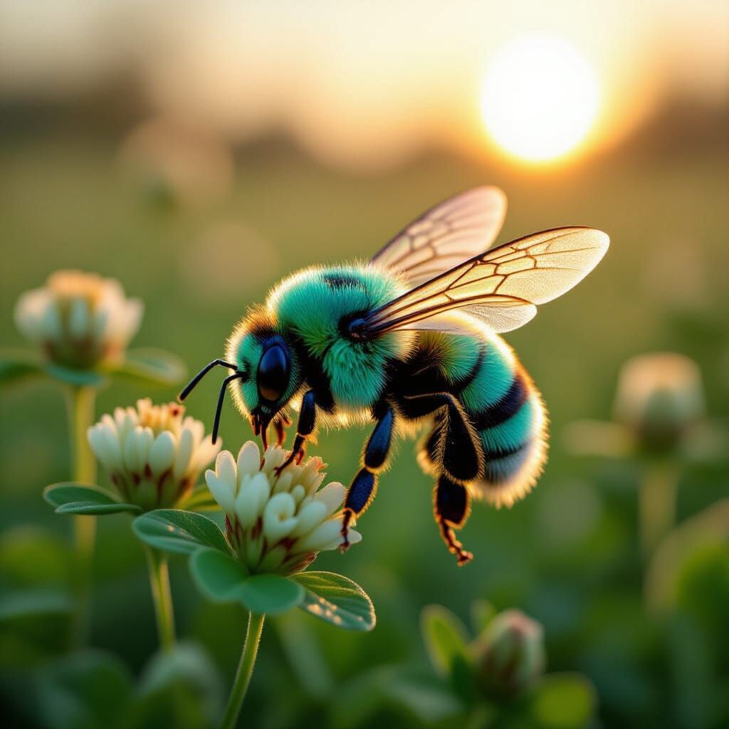 Mint Green Bumblebee with Iridescent Wings in Dawn Light