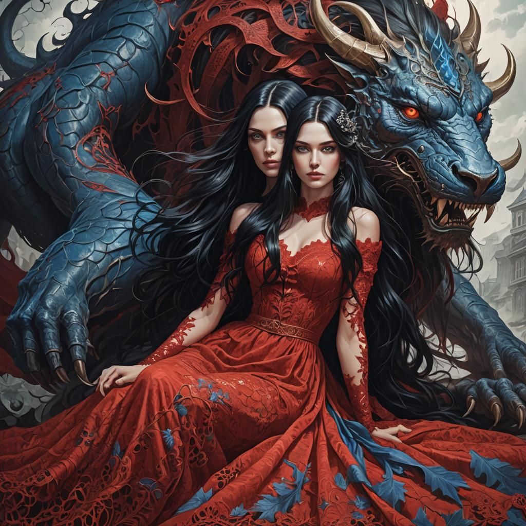 portrait of a beautiful woman with long black hair and blue eyes in a red lace dress