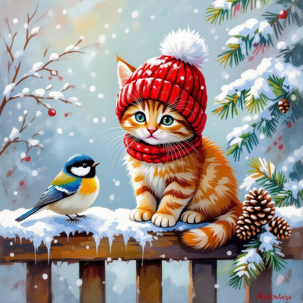 Cute Kitten and Bird in Snowy Winter Scene, Neo-Impressionis...