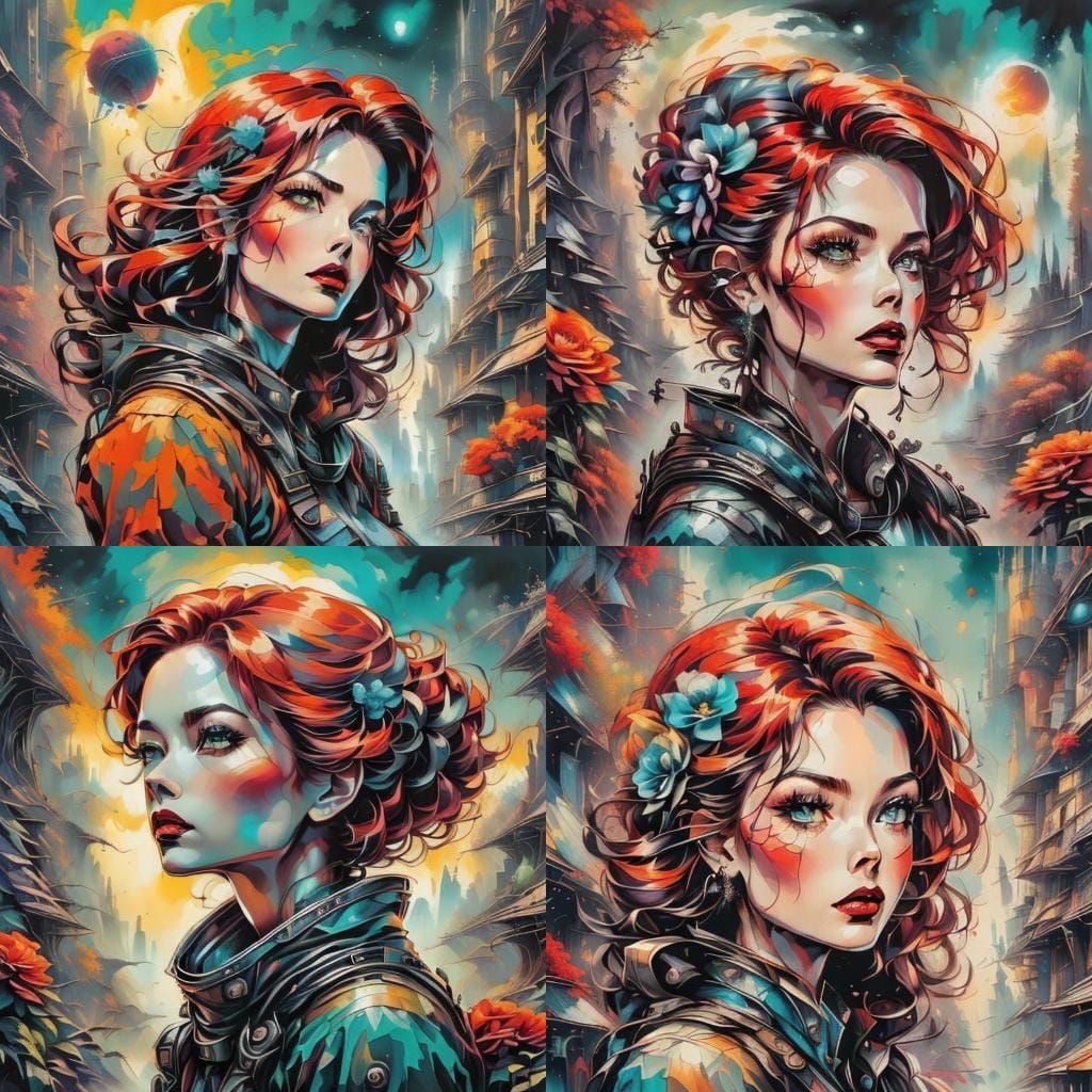 Red-Haired Woman with Flowers in Sci-Fi Comic Style
