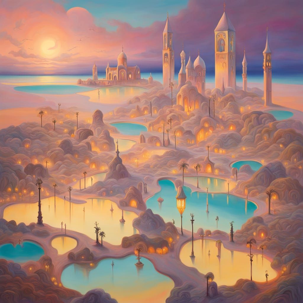 Surreal Dusk Oasis with Melting Clock Towers
