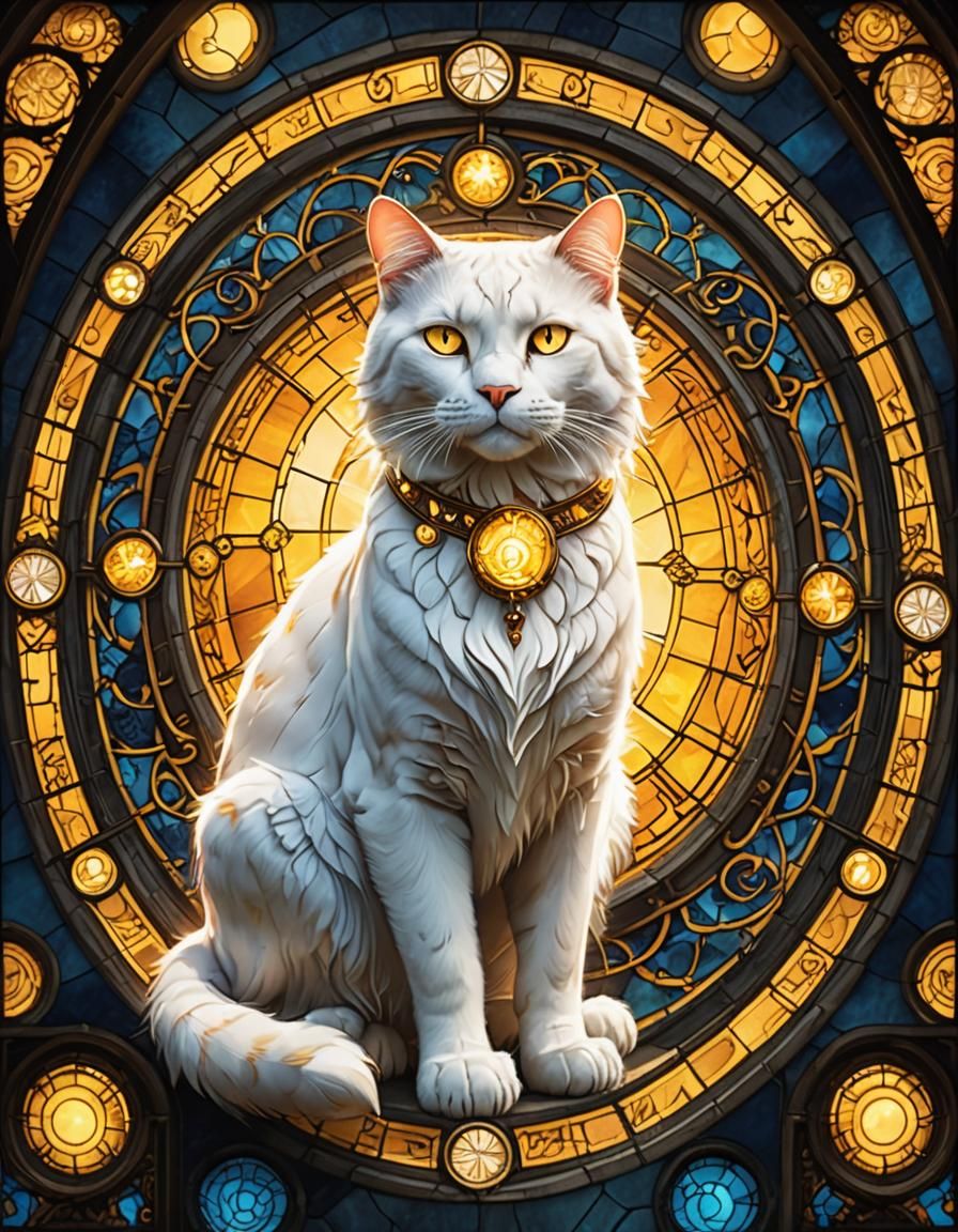Stained Glass White Cat with Golden Energy