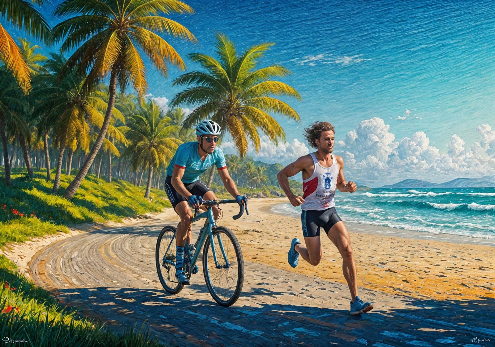 Cyclist and Runner on Desert Island in Neo-Expressionist Sty...