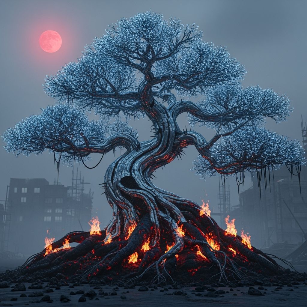 Skeletal Bonsai Tree in Dystopian Landscape