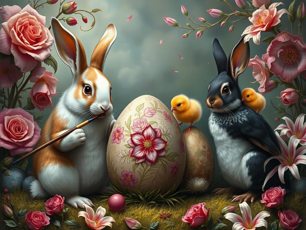 Rabbits and Chicks Painting Easter Eggs in Fairy Tale Landsc...