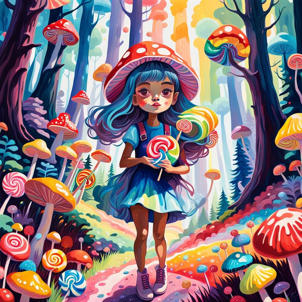 Mushroom Girl in Candy Forest Gouache Painting