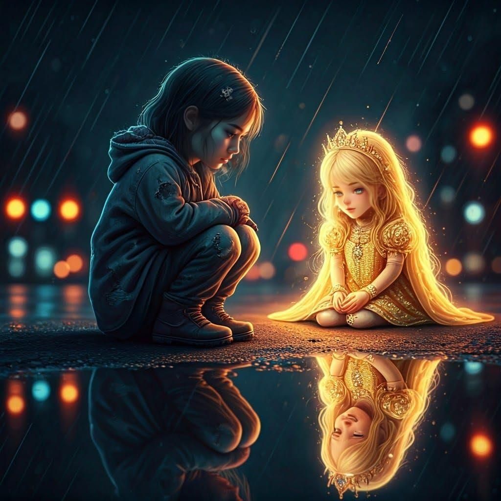 Homeless Girl's Mirrored Dream: Ethereal Digital Art