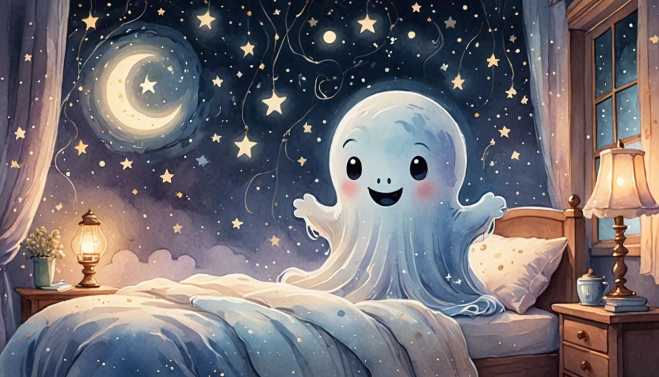 Cute Ghost Waving Goodnight in Starry Bedroom